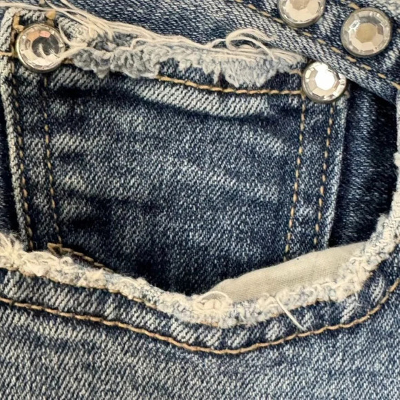 Y2K Vintage Parasuco Mid Rise Clear Rhinestone Raw Waist Flare Leg Jeans Size 4 - Picture 5 of 16